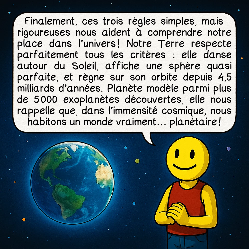 Les planètes, case 10 : Finalement, ces trois règles simples, mais rigoureuses nous aident à comprendre notre place dans l’univers ! Notre Terre respecte parfaitement tous les critères : elle danse autour du Soleil, affiche une sphère quasi parfaite, et règne sur son orbite depuis 4,5 milliards d’années. Planète modèle parmi plus de 5 000 exoplanètes découvertes, elle nous rappelle que, dans l’immensité cosmique, nous habitons un monde vraiment… planétaire !