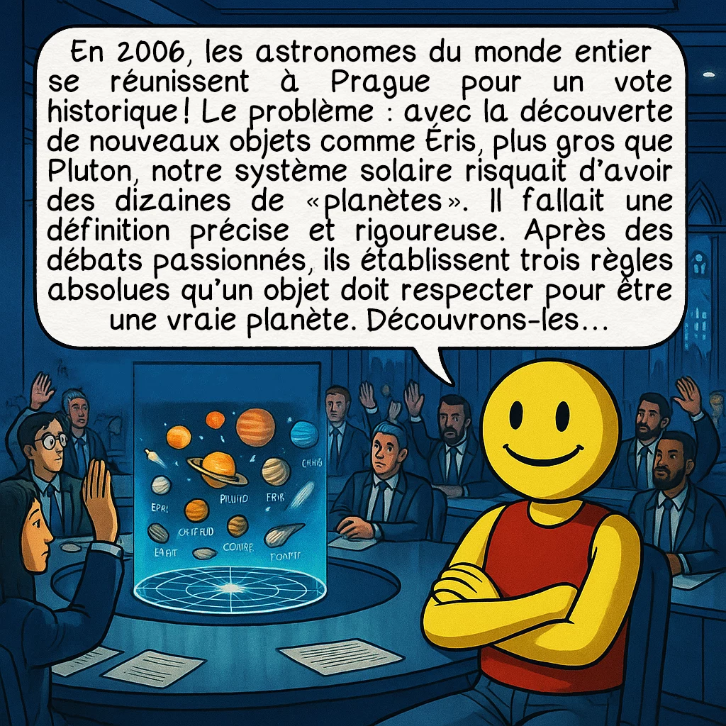 Les planètes, case 2 : En 2006, les astronomes du monde entier se réunissent à Prague pour un vote historique ! Le problème : avec la découverte de nouveaux objets comme Éris, plus gros que Pluton, notre système solaire risquait d’avoir des dizaines de « planètes ». Il fallait une définition précise et rigoureuse. Après des débats passionnés, ils établissent trois règles absolues qu’un objet doit respecter pour être une vraie planète. Découvrons-les…
