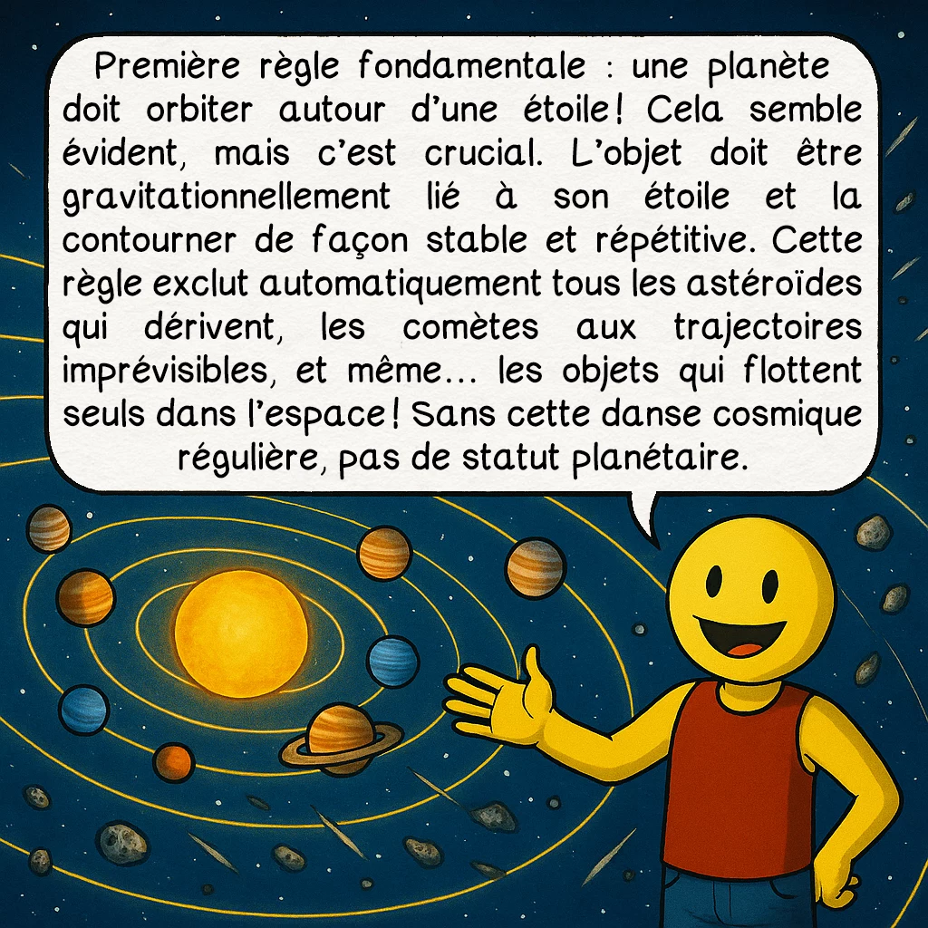 Les planètes, case 3 : Première règle fondamentale : une planète doit orbiter autour d’une étoile ! Cela semble évident, mais c’est crucial. L’objet doit être gravitationnellement lié à son étoile et la contourner de façon stable et répétitive. Cette règle exclut automatiquement tous les astéroïdes qui dérivent, les comètes aux trajectoires imprévisibles, et même… les objets qui flottent seuls dans l’espace ! Sans cette danse cosmique régulière, pas de statut planétaire.