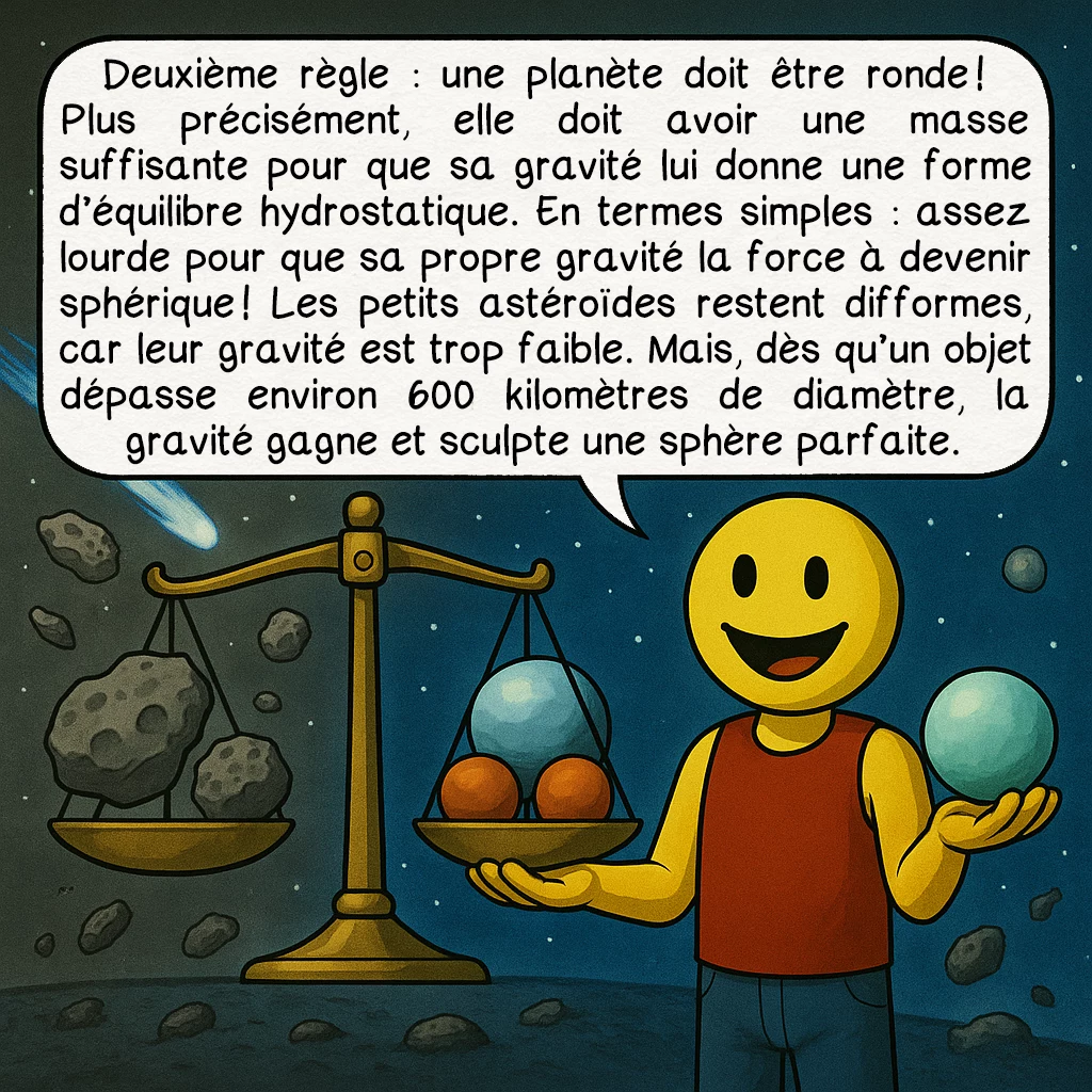 Les planètes, case 4 : Deuxième règle : une planète doit être ronde ! Plus précisément, elle doit avoir une masse suffisante pour que sa gravité lui donne une forme d’équilibre hydrostatique. En termes simples : assez lourde pour que sa propre gravité la force à devenir sphérique ! Les petits astéroïdes restent difformes, car leur gravité est trop faible. Mais, dès qu’un objet dépasse environ 600 kilomètres de diamètre, la gravité gagne et sculpte une sphère parfaite.