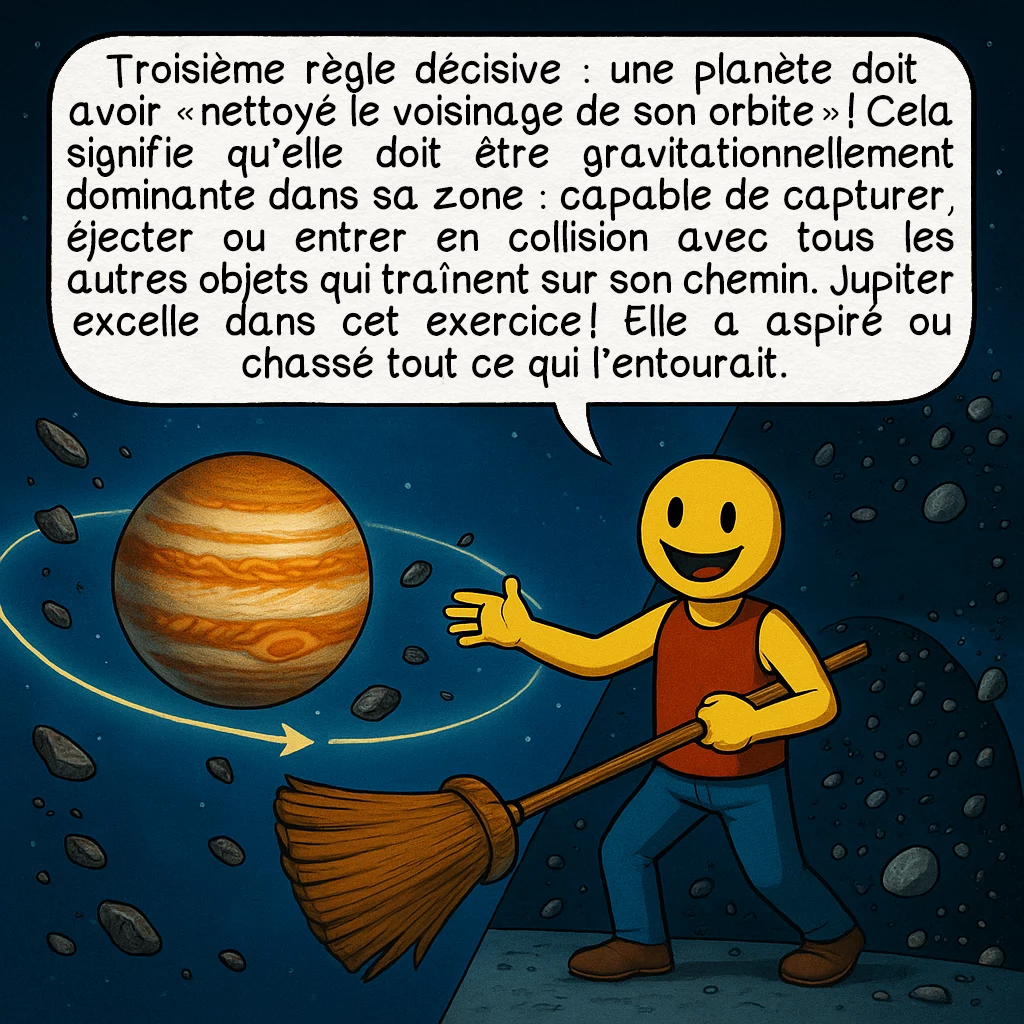 Les planètes, case 5 : Troisième règle décisive : une planète doit avoir « nettoyé le voisinage de son orbite » ! Cela signifie qu’elle doit être gravitationnellement dominante dans sa zone : capable de capturer, éjecter ou entrer en collision avec tous les autres objets qui traînent sur son chemin. Jupiter excelle dans cet exercice ! Elle a aspiré ou chassé tout ce qui l’entourait.