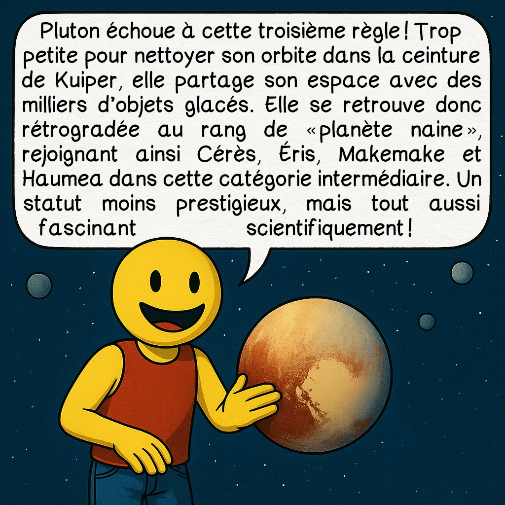 Les planètes, case 6 : Pluton échoue à cette troisième règle ! Trop petite pour nettoyer son orbite dans la ceinture de Kuiper, elle partage son espace avec des milliers d’objets glacés. Elle se retrouve donc rétrogradée au rang de « planète naine », rejoignant ainsi Cérès, Éris, Makemake et Haumea dans cette catégorie intermédiaire. Un statut moins prestigieux, mais tout aussi fascinant scientifiquement !