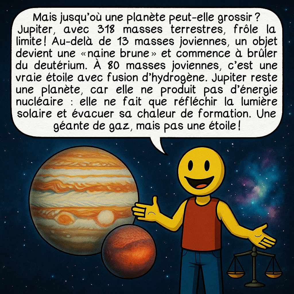 Les planètes, case 7 : Mais jusqu’où une planète peut-elle grossir ? Jupiter, avec 318 masses terrestres, frôle la limite ! Au-delà de 13 masses joviennes, un objet devient une « naine brune » et commence à brûler du deutérium. À 80 masses joviennes, c’est une vraie étoile avec fusion d’hydrogène. Jupiter reste une planète, car elle ne produit pas d’énergie nucléaire : elle ne fait que réfléchir la lumière solaire et évacuer sa chaleur de formation. Une géante de gaz, mais pas une étoile !