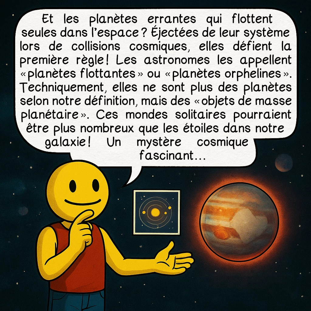 Les planètes, case 8 : Et les planètes errantes qui flottent seules dans l’espace ? Éjectées de leur système lors de collisions cosmiques, elles défient la première règle ! Les astronomes les appellent « planètes flottantes » ou « planètes orphelines ». Techniquement, elles ne sont plus des planètes selon notre définition, mais des « objets de masse planétaire ». Ces mondes solitaires pourraient être plus nombreux que les étoiles dans notre galaxie ! Un mystère cosmique fascinant…