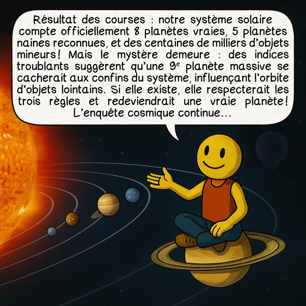 Les planètes, case 9 : Résultat des courses : notre système solaire compte officiellement 8 planètes vraies, 5 planètes naines reconnues, et des centaines de milliers d’objets mineurs ! Mais le mystère demeure : des indices troublants suggèrent qu’une 9e planète massive se cacherait aux confins du système, influençant l’orbite d’objets lointains. Si elle existe, elle respecterait les trois règles et redeviendrait une vraie planète ! L’enquête cosmique continue…