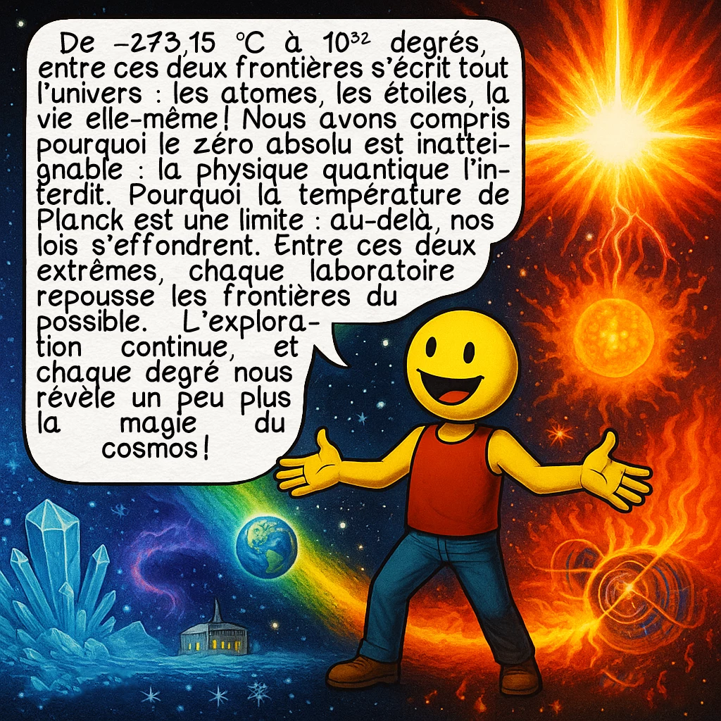 Le zéro absolu, case 10 : De −273,15 °C à 10³² degrés, entre ces deux frontières s’écrit tout l’univers : les atomes, les étoiles, la vie elle-même ! Nous avons compris pourquoi le zéro absolu est inatteignable : la physique quantique l’interdit. Pourquoi la température de Planck est une limite : au-delà, nos lois s’effondrent. Entre ces deux extrêmes, chaque laboratoire repousse les frontières du possible. L’exploration continue, et chaque degré nous révèle un peu plus la magie du cosmos !