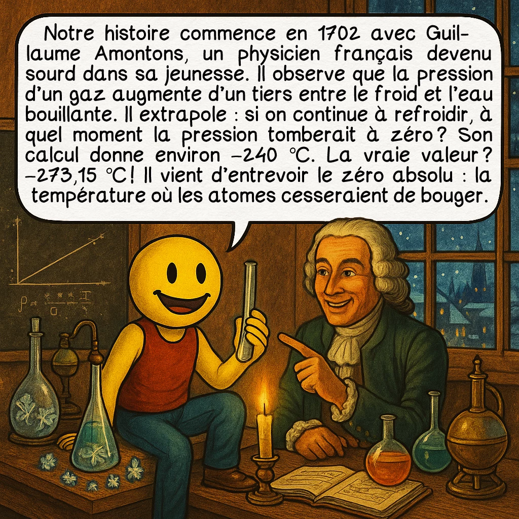 Le zéro absolu, case 2 : Notre histoire commence en 1702 avec Guillaume Amontons, un physicien français devenu sourd dans sa jeunesse. Il observe que la pression d’un gaz augmente d’un tiers entre le froid et l’eau bouillante. Il extrapole : si on continue à refroidir, à quel moment la pression tomberait à zéro ? Son calcul donne environ −240 °C. La vraie valeur ? −273,15 °C ! Il vient d’entrevoir le zéro absolu : la température où les atomes cesseraient de bouger.