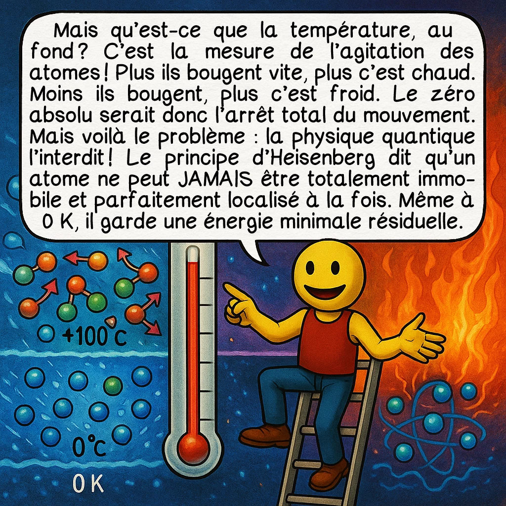 Le zéro absolu, case 3 : Mais qu’est-ce que la température, au fond ? C’est la mesure de l’agitation des atomes ! Plus ils bougent vite, plus c’est chaud. Moins ils bougent, plus c’est froid. Le zéro absolu serait donc l’arrêt total du mouvement. Mais voilà le problème : la physique quantique l’interdit ! Le principe d’Heisenberg dit qu’un atome ne peut JAMAIS être totalement immobile et parfaitement localisé à la fois. Même à 0 K, il garde une énergie minimale résiduelle.