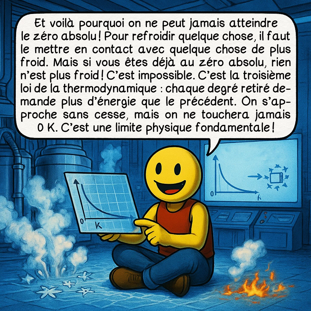 Le zéro absolu, case 4 : Et voilà pourquoi on ne peut jamais atteindre le zéro absolu ! Pour refroidir quelque chose, il faut le mettre en contact avec quelque chose de plus froid. Mais si vous êtes déjà au zéro absolu, rien n’est plus froid ! C’est impossible. C’est la troisième loi de la thermodynamique : chaque degré retiré demande plus d’énergie que le précédent. On s’approche sans cesse, mais on ne touchera jamais 0 K. C’est une limite physique fondamentale !