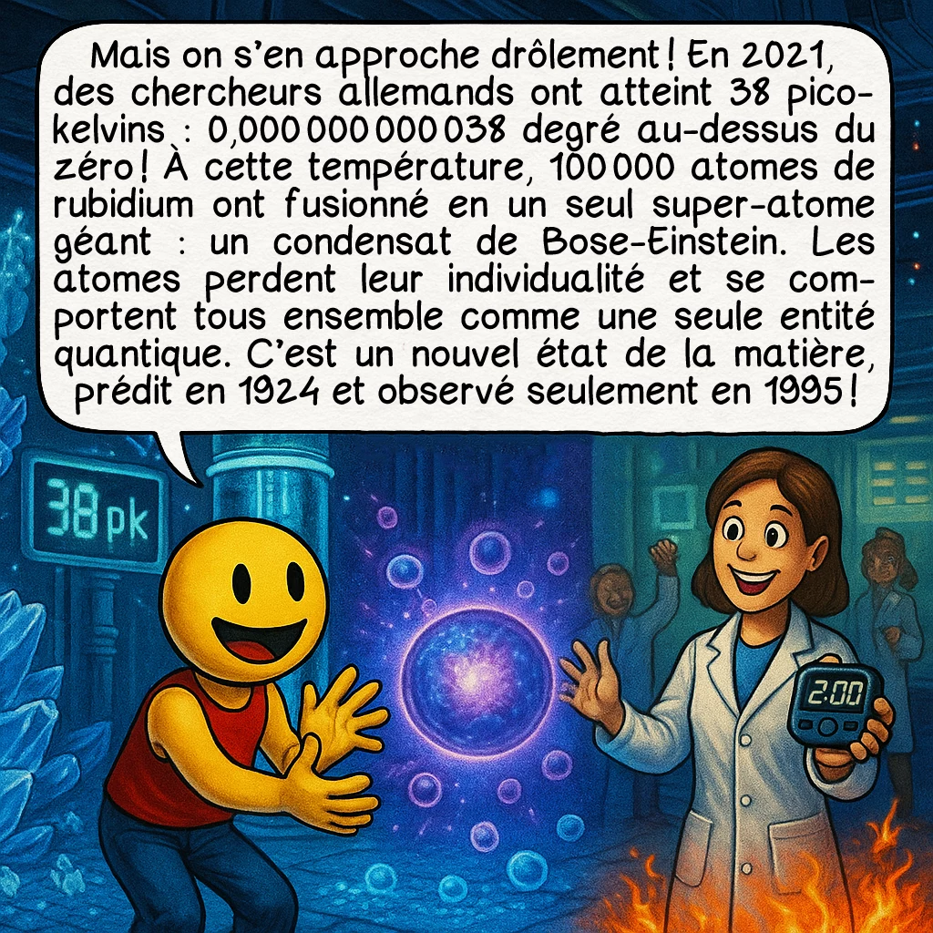 Le zéro absolu, case 5 : Mais on s’en approche drôlement ! En 2021, des chercheurs allemands ont atteint 38 picokelvins : 0,000 000 000 038 degré au-dessus du zéro ! À cette température, 100 000 atomes de rubidium ont fusionné en un seul super-atome géant : un condensat de Bose-Einstein. Les atomes perdent leur individualité et se comportent tous ensemble comme une seule entité quantique. C’est un nouvel état de la matière, prédit en 1924 et observé seulement en 1995 !