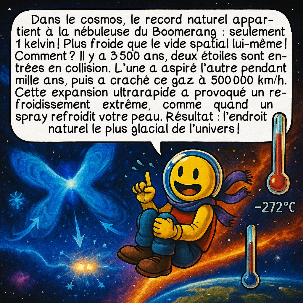 Le zéro absolu, case 6 : Dans le cosmos, le record naturel appartient à la nébuleuse du Boomerang : seulement 1 kelvin ! Plus froide que le vide spatial lui-même ! Comment ? Il y a 3 500 ans, deux étoiles sont entrées en collision. L’une a aspiré l’autre pendant mille ans, puis a craché ce gaz à 500 000 km/h. Cette expansion ultrarapide a provoqué un refroidissement extrême, comme quand un spray refroidit votre peau. Résultat : l’endroit naturel le plus glacial de l’univers !