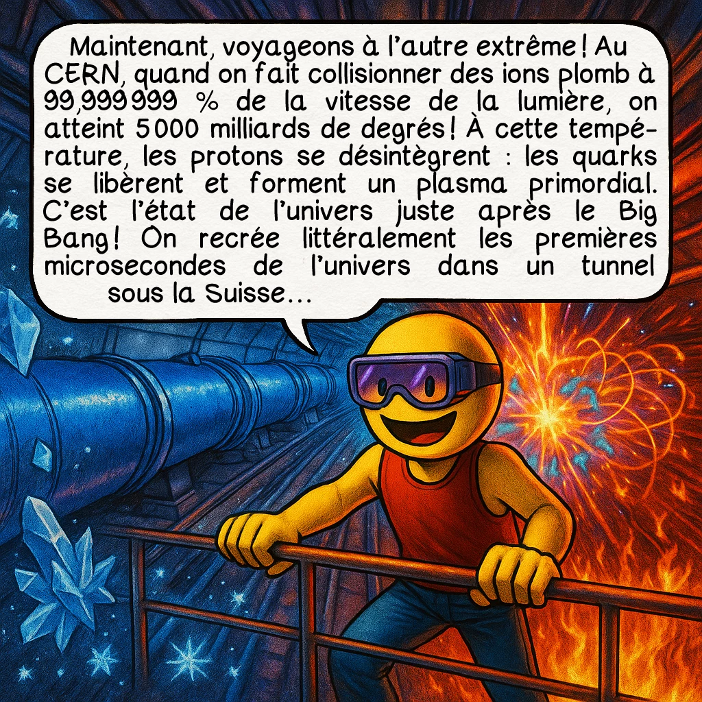 Le zéro absolu, case 7 : Maintenant, voyageons à l’autre extrême ! Au CERN, quand on fait collisionner des ions plomb à 99,999 999 % de la vitesse de la lumière, on atteint 5 000 milliards de degrés ! À cette température, les protons se désintègrent : les quarks se libèrent et forment un plasma primordial. C’est l’état de l’univers juste après le Big Bang ! On recrée littéralement les premières microsecondes de l’univers dans un tunnel sous la Suisse…