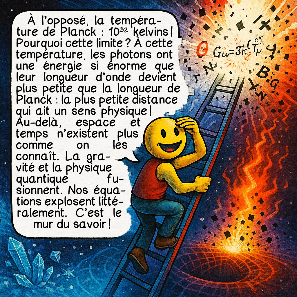 Le zéro absolu, case 8 : À l’opposé, la température de Planck : 10³² kelvins ! Pourquoi cette limite ? À cette température, les photons ont une énergie si énorme que leur longueur d’onde devient plus petite que la longueur de Planck : la plus petite distance qui ait un sens physique ! Au-delà, espace et temps n’existent plus comme on les connaît. La gravité et la physique quantique fusionnent. Nos équations explosent littéralement. C’est le mur du savoir !
