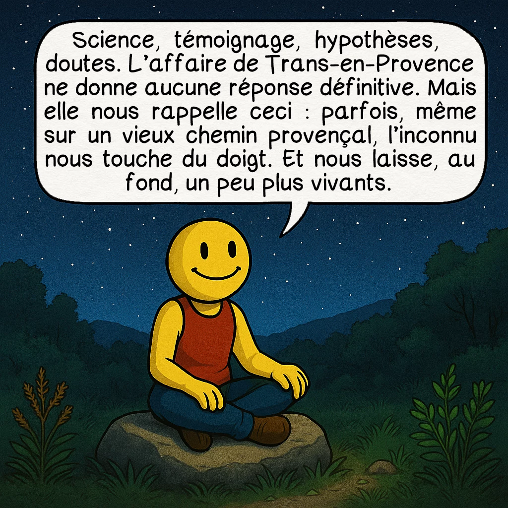 L’affaire de Trans-en-Provence, case 10 : Science, témoignage, hypothèses, doutes. L’affaire de Trans-en-Provence ne donne aucune réponse définitive. Mais elle nous rappelle ceci : parfois, même sur un vieux chemin provençal, l’inconnu nous touche du doigt. Et nous laisse, au fond, un peu plus vivants.