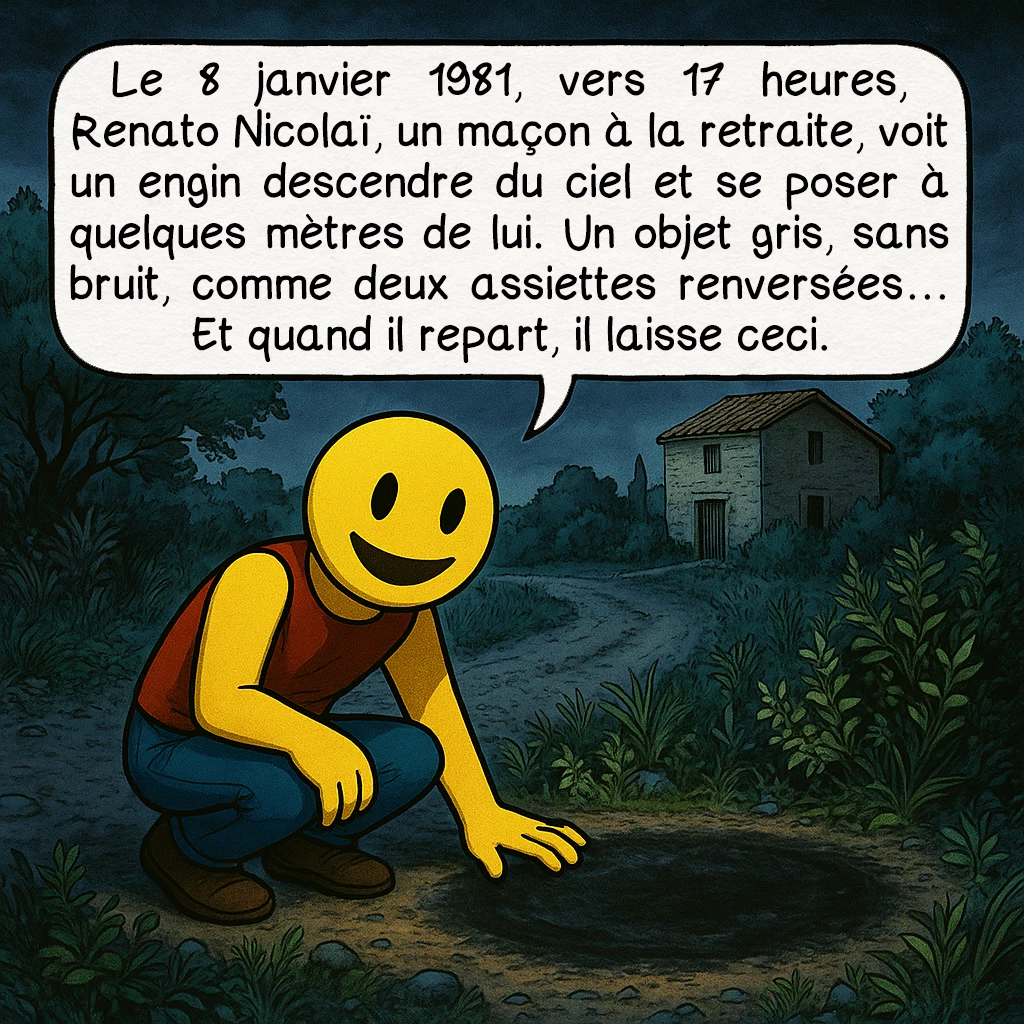 L’affaire de Trans-en-Provence, case 2 : Le 8 janvier 1981, vers 17 heures, Renato Nicolaï, un maçon à la retraite, voit un engin descendre du ciel et se poser à quelques mètres de lui. Un objet gris, sans bruit, comme deux assiettes renversées… Et quand il repart, il laisse ceci.
