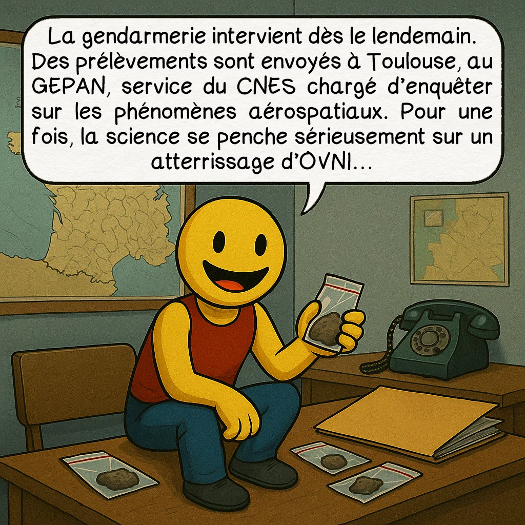 L’affaire de Trans-en-Provence, case 4 : La gendarmerie intervient dès le lendemain. Des prélèvements sont envoyés à Toulouse, au GEPAN, service du CNES chargé d’enquêter sur les phénomènes aérospatiaux. Pour une fois, la science se penche sérieusement sur un atterrissage d’OVNI…