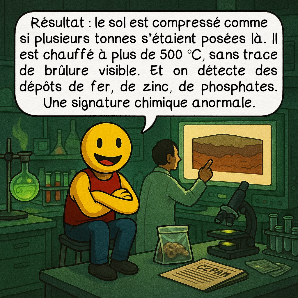 L’affaire de Trans-en-Provence, case 5 : Résultat : le sol est compressé comme si plusieurs tonnes s’étaient posées là. Il est chauffé à plus de 500 °C, sans trace de brûlure visible. Et on détecte des dépôts de fer, de zinc, de phosphates. Une signature chimique anormale.