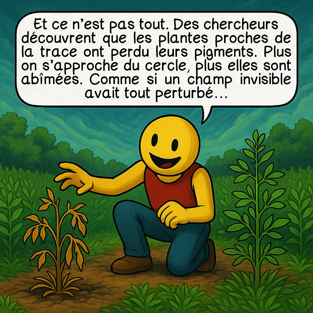 L’affaire de Trans-en-Provence, case 6 : Et ce n’est pas tout. Des chercheurs découvrent que les plantes proches de la trace ont perdu leurs pigments. Plus on s’approche du cercle, plus elles sont abîmées. Comme si un champ invisible avait tout perturbé…