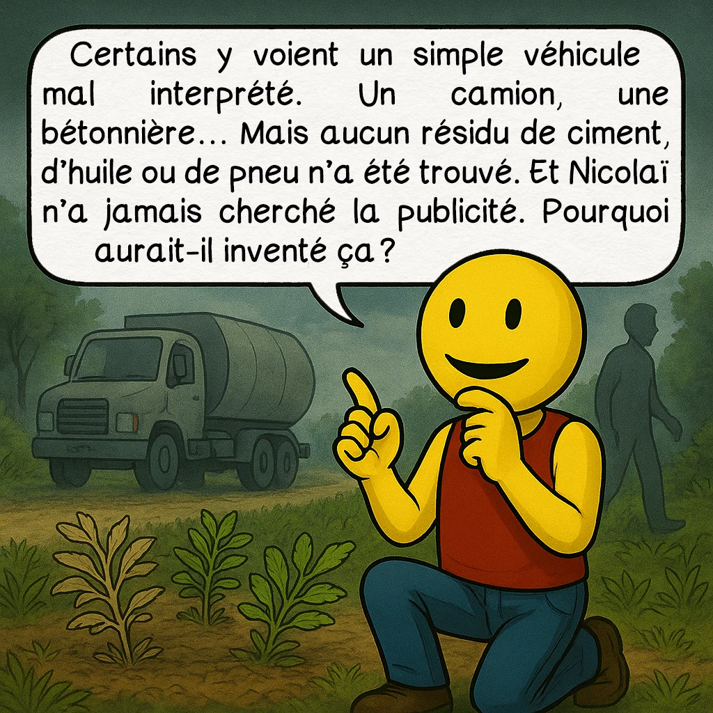 L’affaire de Trans-en-Provence, case 7 : Certains y voient un simple véhicule mal interprété. Un camion, une bétonnière… Mais aucun résidu de ciment, d’huile ou de pneu n’a été trouvé. Et Nicolaï n’a jamais cherché la publicité. Pourquoi aurait-il inventé ça ?
