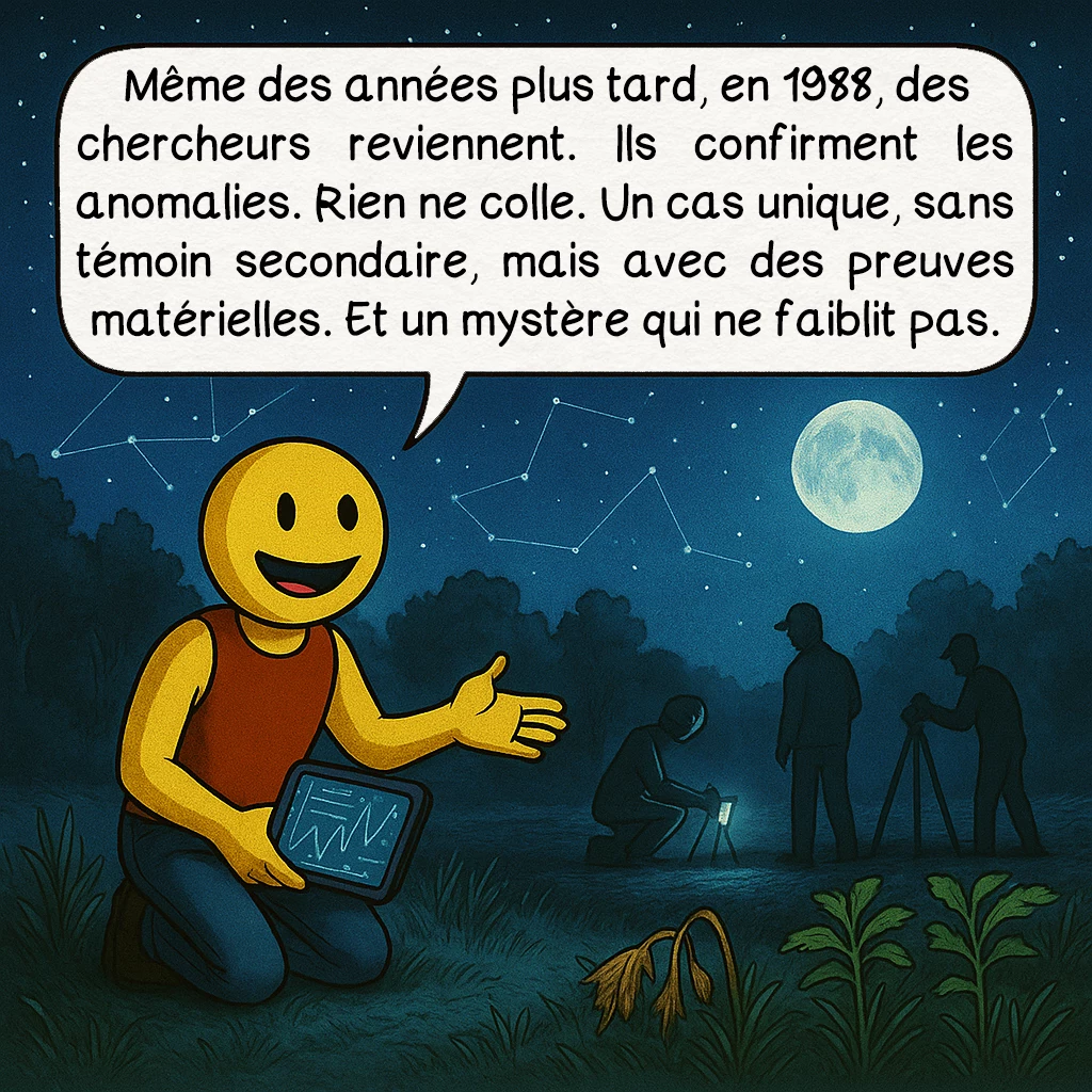 L’affaire de Trans-en-Provence, case 9 : Même des années plus tard, en 1988, des chercheurs reviennent. Ils confirment les anomalies. Rien ne colle. Un cas unique, sans témoin secondaire, mais avec des preuves matérielles. Et un mystère qui ne faiblit pas.