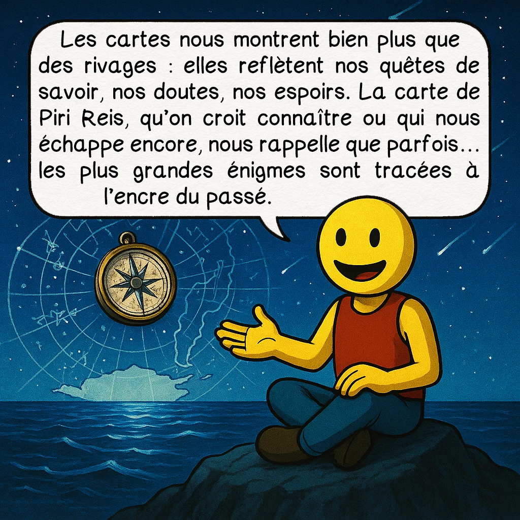 La carte de Piri Reis, case 10 : Les cartes nous montrent bien plus que des rivages : elles reflètent nos quêtes de savoir, nos doutes, nos espoirs. La carte de Piri Reis, qu’on croit connaître ou qui nous échappe encore, nous rappelle que parfois… les plus grandes énigmes sont tracées à l’encre du passé.