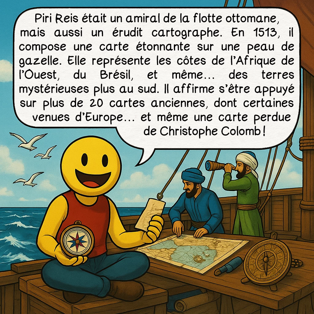 La carte de Piri Reis, case 2 : Piri Reis était un amiral de la flotte ottomane, mais aussi un érudit cartographe. En 1513, il compose une carte étonnante sur une peau de gazelle. Elle représente les côtes de l’Afrique de l’Ouest, du Brésil, et même… des terres mystérieuses plus au sud. Il affirme s’être appuyé sur plus de 20 cartes anciennes, dont certaines venues d’Europe… et même une carte perdue de Christophe Colomb !
