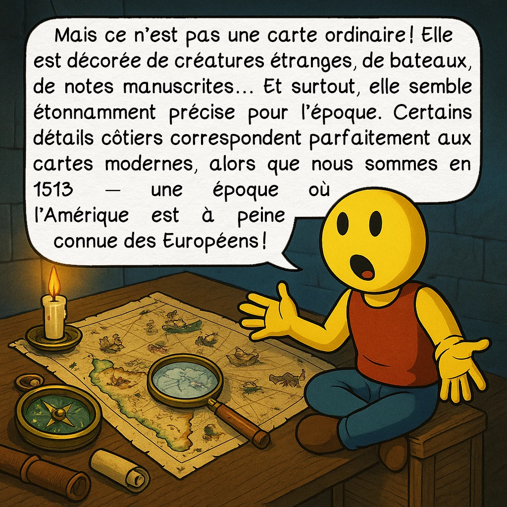 La carte de Piri Reis, case 3 : Mais ce n’est pas une carte ordinaire ! Elle est décorée de créatures étranges, de bateaux, de notes manuscrites… Et surtout, elle semble étonnamment précise pour l’époque. Certains détails côtiers correspondent parfaitement aux cartes modernes, alors que nous sommes en 1513 — une époque où l’Amérique est à peine connue des Européens !