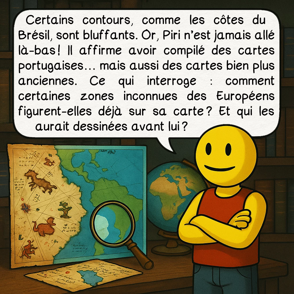 La carte de Piri Reis, case 4 : Certains contours, comme les côtes du Brésil, sont bluffants. Or, Piri n’est jamais allé là-bas ! Il affirme avoir compilé des cartes portugaises… mais aussi des cartes bien plus anciennes. Ce qui interroge : comment certaines zones inconnues des Européens figurent-elles déjà sur sa carte ? Et qui les aurait dessinées avant lui ?