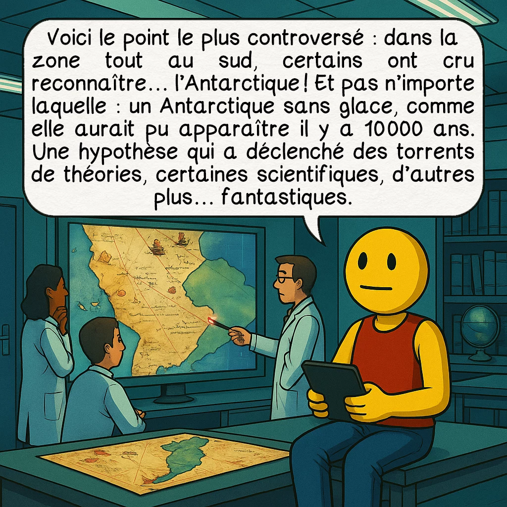 La carte de Piri Reis, case 5 : Voici le point le plus controversé : dans la zone tout au sud, certains ont cru reconnaître… l’Antarctique ! Et pas n’importe laquelle : un Antarctique sans glace, comme elle aurait pu apparaître il y a 10 000 ans. Une hypothèse qui a déclenché des torrents de théories, certaines scientifiques, d’autres plus… fantastiques.