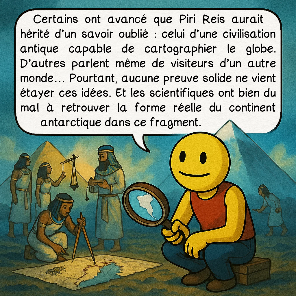 La carte de Piri Reis, case 6 : Certains ont avancé que Piri Reis aurait hérité d’un savoir oublié : celui d’une civilisation antique capable de cartographier le globe. D’autres parlent même de visiteurs d’un autre monde… Pourtant, aucune preuve solide ne vient étayer ces idées. Et les scientifiques ont bien du mal à retrouver la forme réelle du continent antarctique dans ce fragment.