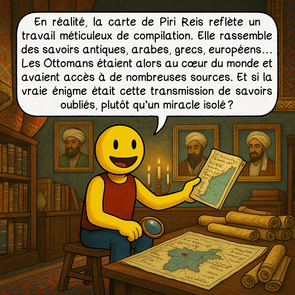 La carte de Piri Reis, case 7 : En réalité, la carte de Piri Reis reflète un travail méticuleux de compilation. Elle rassemble des savoirs antiques, arabes, grecs, européens… Les Ottomans étaient alors au cœur du monde et avaient accès à de nombreuses sources. Et si la vraie énigme était cette transmission de savoirs oubliés, plutôt qu’un miracle isolé ?