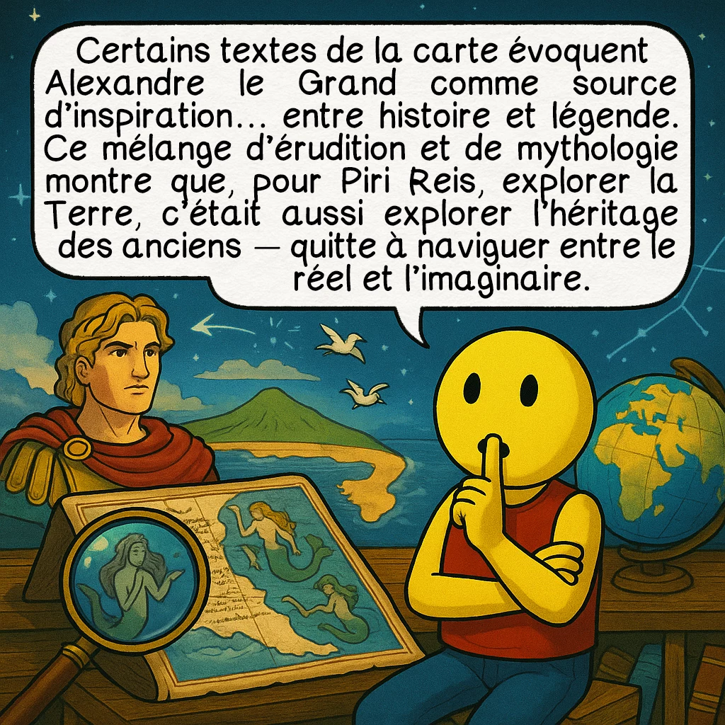 La carte de Piri Reis, case 8 : Certains textes de la carte évoquent Alexandre le Grand comme source d’inspiration… entre histoire et légende. Ce mélange d’érudition et de mythologie montre que, pour Piri Reis, explorer la Terre, c’était aussi explorer l’héritage des anciens — quitte à naviguer entre le réel et l’imaginaire.