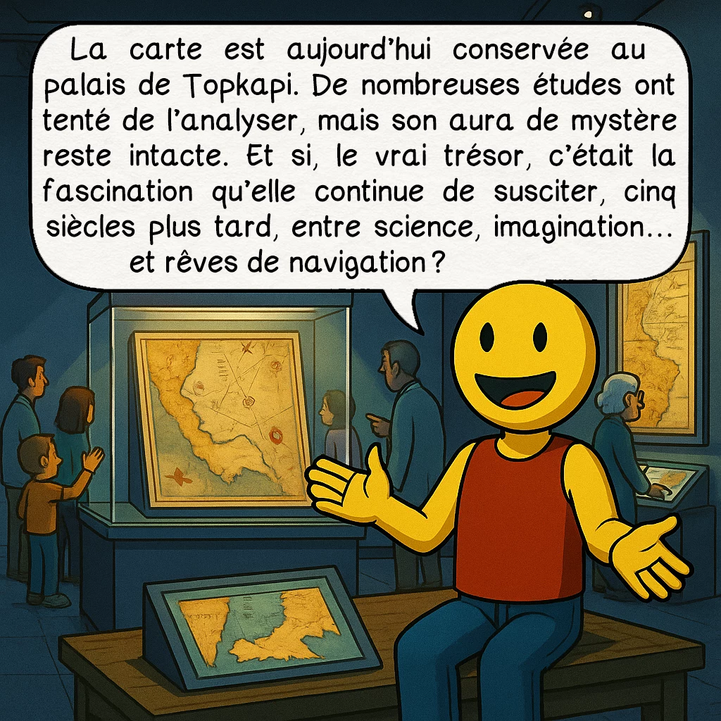 La carte de Piri Reis, case 9 : La carte est aujourd’hui conservée au palais de Topkapi. De nombreuses études ont tenté de l’analyser, mais son aura de mystère reste intacte. Et si, le vrai trésor, c’était la fascination qu’elle continue de susciter, cinq siècles plus tard, entre science, imagination… et rêves de navigation ?