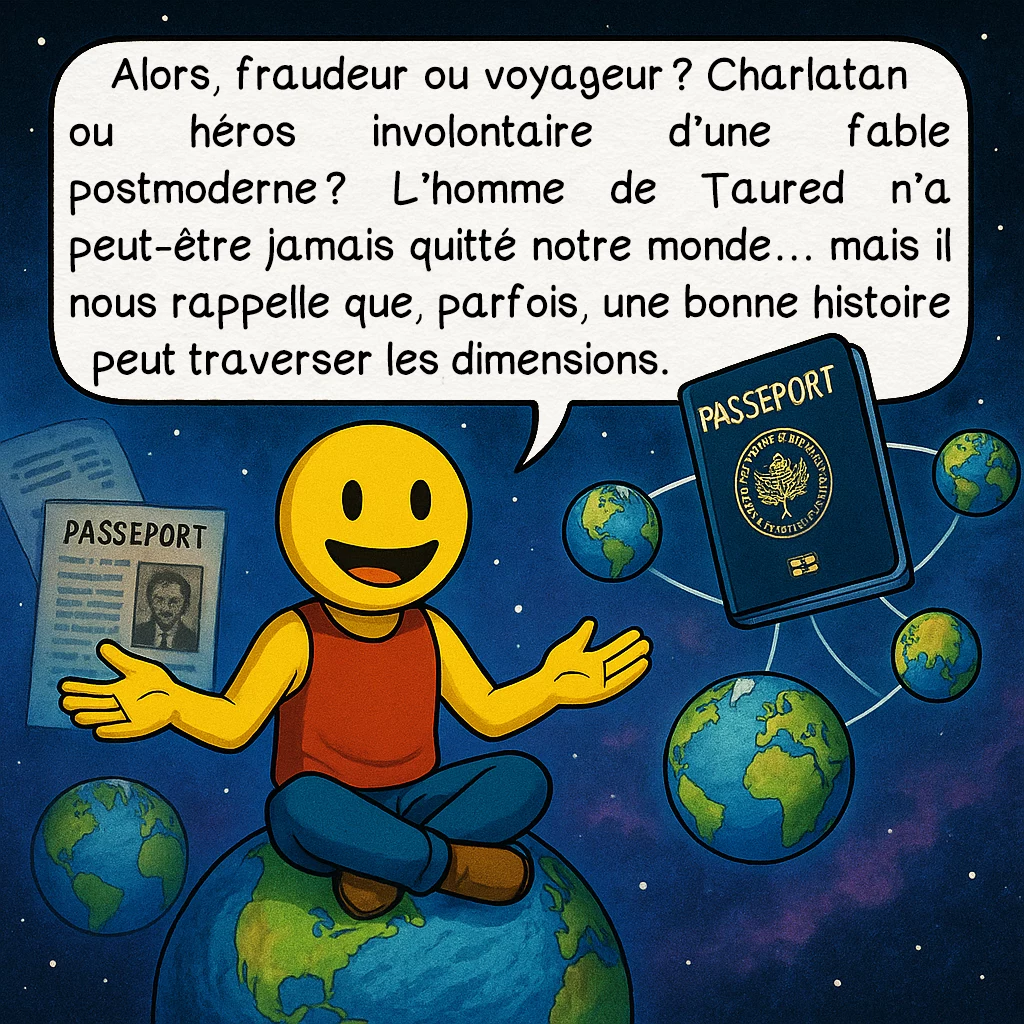 L’homme de Taured, case 10 : Alors, fraudeur ou voyageur ? Charlatan ou héros involontaire d’une fable postmoderne ? L’homme de Taured n’a peut-être jamais quitté notre monde… mais il nous rappelle que, parfois, une bonne histoire peut traverser les dimensions.