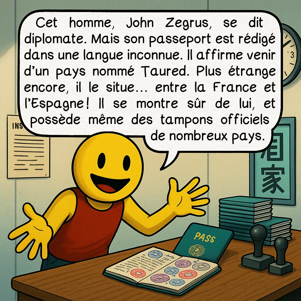 L’homme de Taured, case 2 : Cet homme, John Zegrus, se dit diplomate. Mais son passeport est rédigé dans une langue inconnue. Il affirme venir d’un pays nommé Taured. Plus étrange encore, il le situe… entre la France et l’Espagne ! Il se montre sûr de lui, et possède même des tampons officiels de nombreux pays.