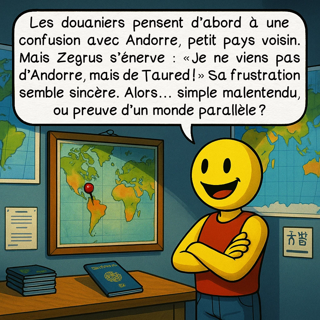 L’homme de Taured, case 3 : Les douaniers pensent d’abord à une confusion avec Andorre, petit pays voisin. Mais Zegrus s’énerve : « Je ne viens pas d’Andorre, mais de Taured ! » Sa frustration semble sincère. Alors… simple malentendu, ou preuve d’un monde parallèle ?