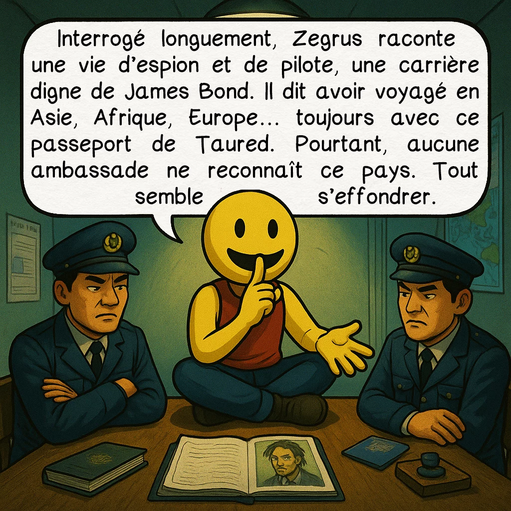 L’homme de Taured, case 4 : Interrogé longuement, Zegrus raconte une vie d’espion et de pilote, une carrière digne de James Bond. Il dit avoir voyagé en Asie, Afrique, Europe… toujours avec ce passeport de Taured. Pourtant, aucune ambassade ne reconnaît ce pays. Tout semble s’effondrer.