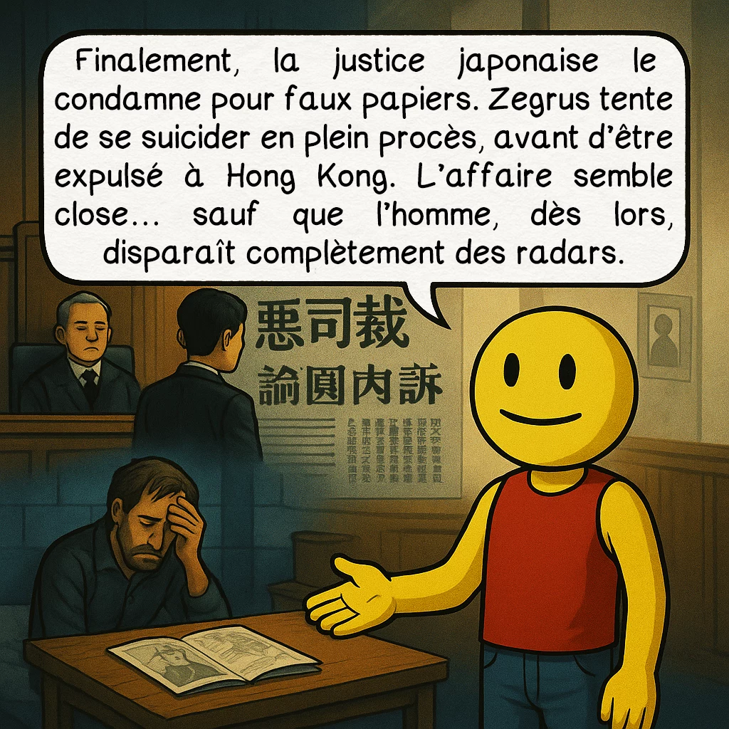 L’homme de Taured, case 5 : Finalement, la justice japonaise le condamne pour faux papiers. Zegrus tente de se suicider en plein procès, avant d’être expulsé à Hong Kong. L’affaire semble close… sauf que l’homme, dès lors, disparaît complètement des radars.