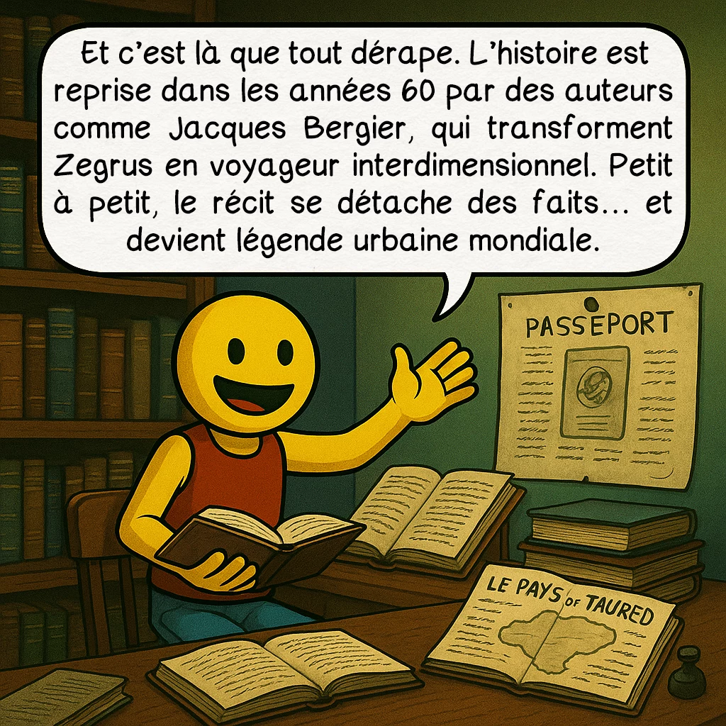 L’homme de Taured, case 6 : Et c’est là que tout dérape. L’histoire est reprise dans les années 60 par des auteurs comme Jacques Bergier, qui transforment Zegrus en voyageur interdimensionnel. Petit à petit, le récit se détache des faits… et devient légende urbaine mondiale.