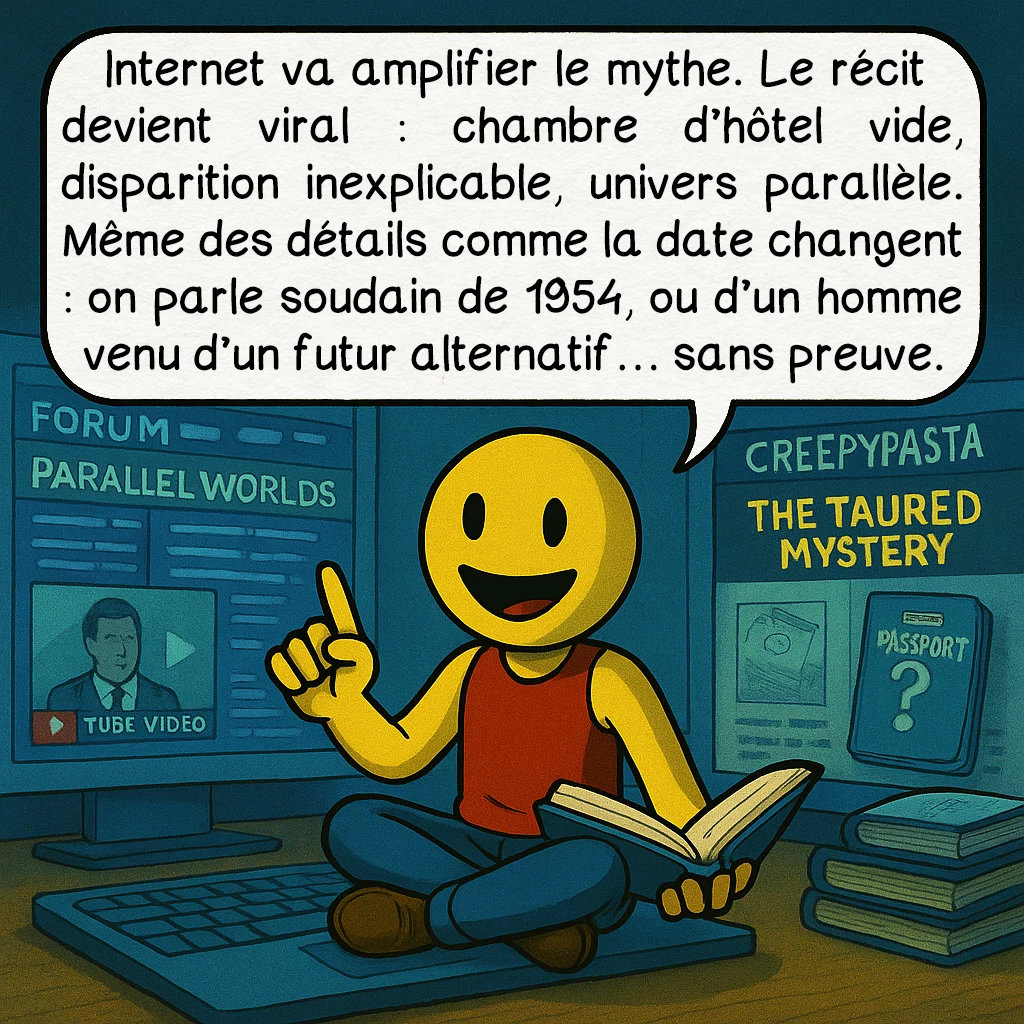 L’homme de Taured, case 7 : Internet va amplifier le mythe. Le récit devient viral : chambre d’hôtel vide, disparition inexplicable, univers parallèle. Même des détails comme la date changent : on parle soudain de 1954, ou d’un homme venu d’un futur alternatif… sans preuve.