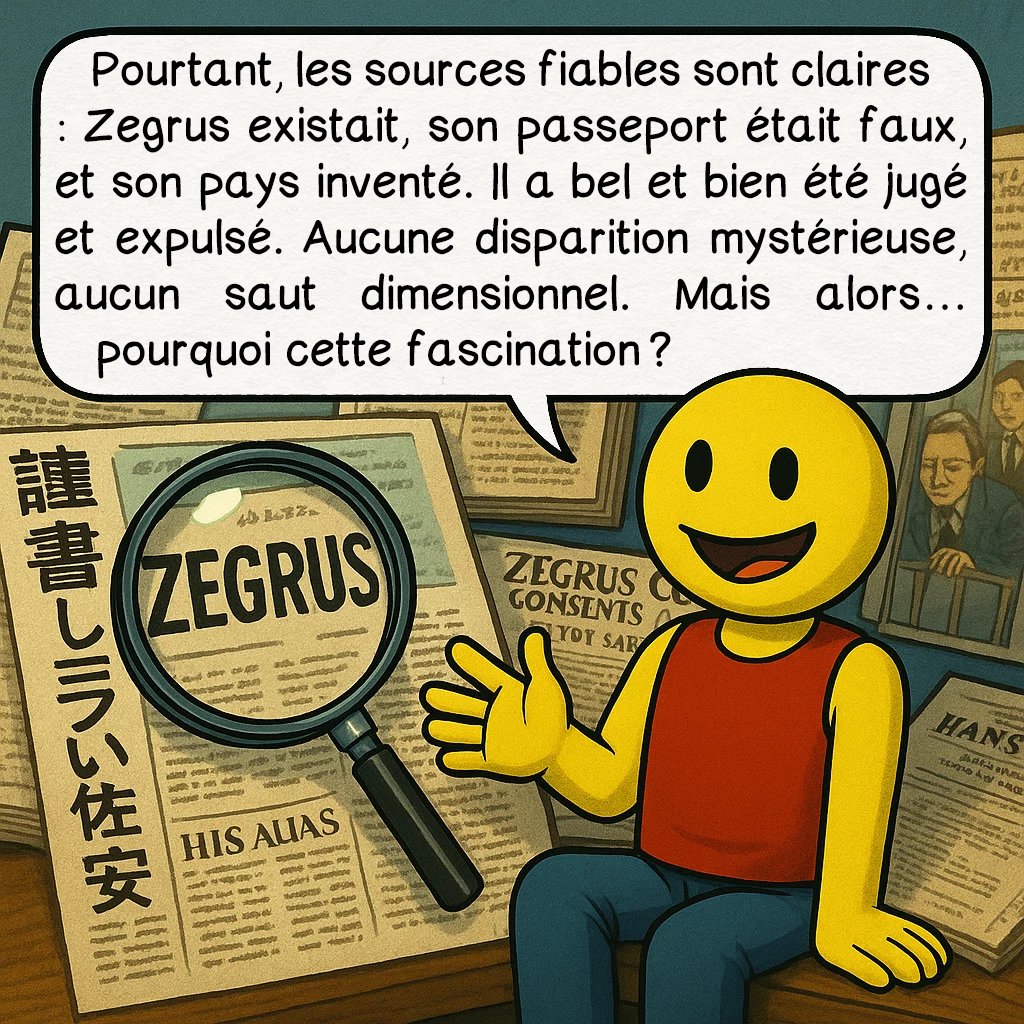 L’homme de Taured, case 8 : Pourtant, les sources fiables sont claires : Zegrus existait, son passeport était faux, et son pays inventé. Il a bel et bien été jugé et expulsé. Aucune disparition mystérieuse, aucun saut dimensionnel. Mais alors… pourquoi cette fascination ?