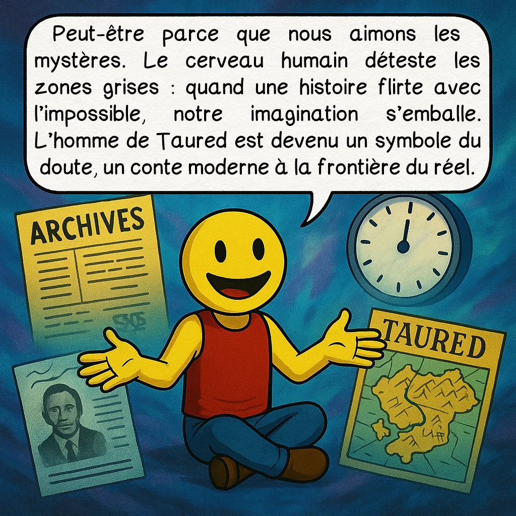 L’homme de Taured, case 9 : Peut-être parce que nous aimons les mystères. Le cerveau humain déteste les zones grises : quand une histoire flirte avec l’impossible, notre imagination s’emballe. L’homme de Taured est devenu un symbole du doute, un conte moderne à la frontière du réel.