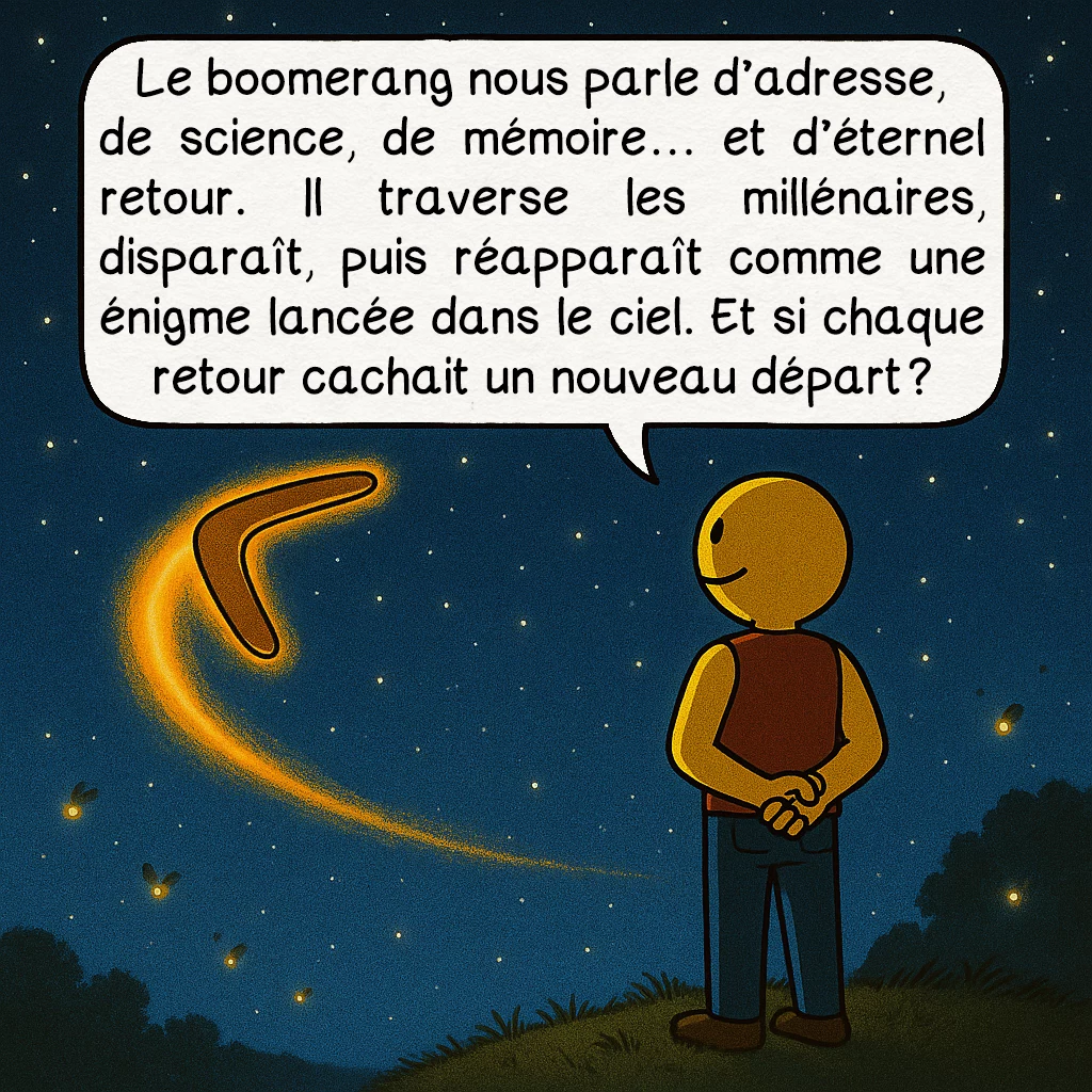 Le boomerang, case 10 : Le boomerang nous parle d’adresse, de science, de mémoire… et d’éternel retour. Il traverse les millénaires, disparaît, puis réapparaît comme une énigme lancée dans le ciel. Et si chaque retour cachait un nouveau départ ?