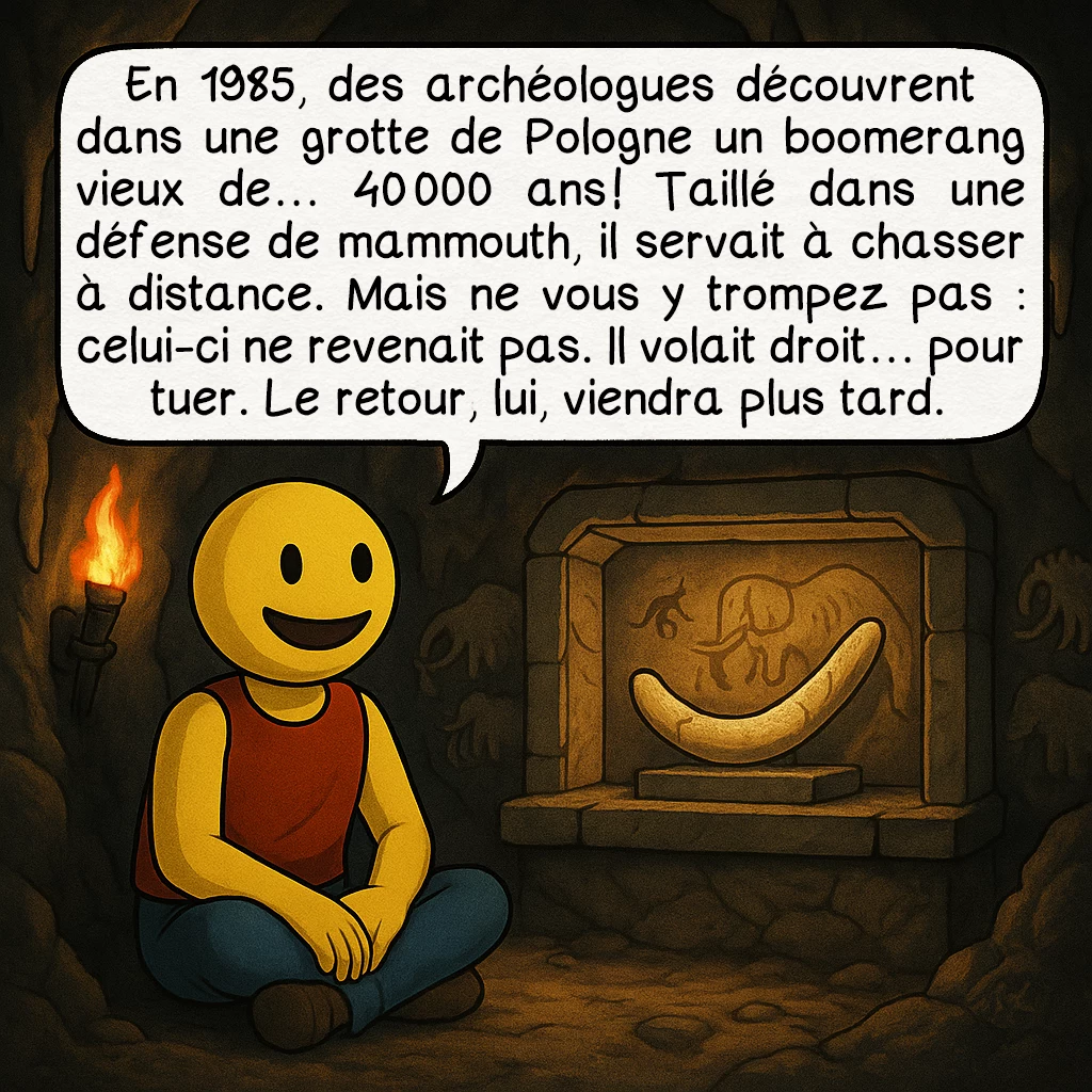 Le boomerang, case 2 : En 1985, des archéologues découvrent dans une grotte de Pologne un boomerang vieux de… 40 000 ans ! Taillé dans une défense de mammouth, il servait à chasser à distance. Mais ne vous y trompez pas : celui-ci ne revenait pas. Il volait droit… pour tuer. Le retour, lui, viendra plus tard.