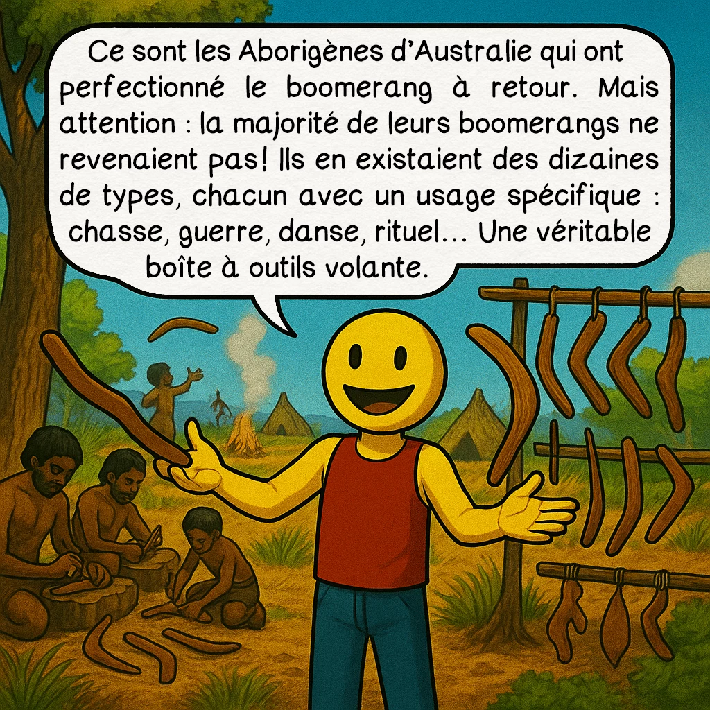 Le boomerang, case 3 : Ce sont les Aborigènes d’Australie qui ont perfectionné le boomerang à retour. Mais attention : la majorité de leurs boomerangs ne revenaient pas ! Ils en existaient des dizaines de types, chacun avec un usage spécifique : chasse, guerre, danse, rituel… Une véritable boîte à outils volante.