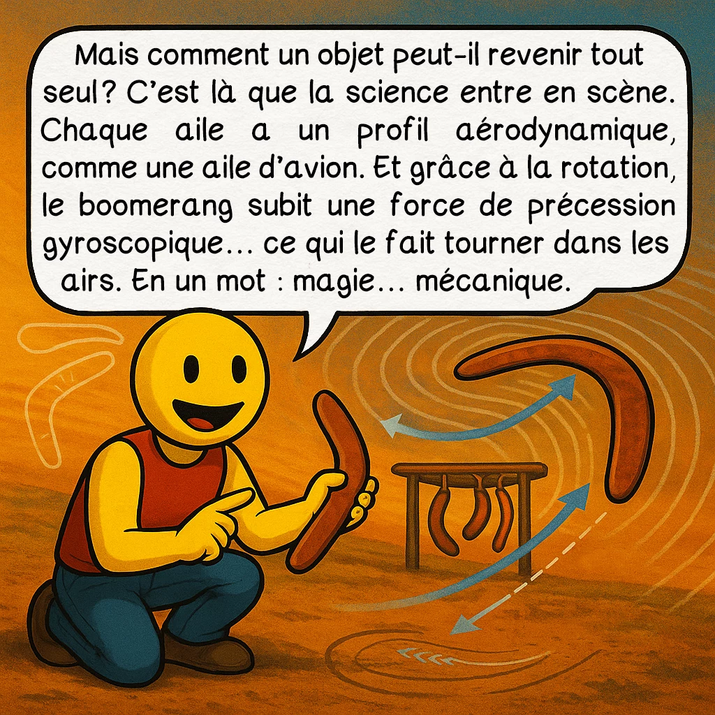 Le boomerang, case 4 : Mais comment un objet peut-il revenir tout seul ? C’est là que la science entre en scène. Chaque aile a un profil aérodynamique, comme une aile d’avion. Et grâce à la rotation, le boomerang subit une force de précession gyroscopique… ce qui le fait tourner dans les airs. En un mot : magie… mécanique.