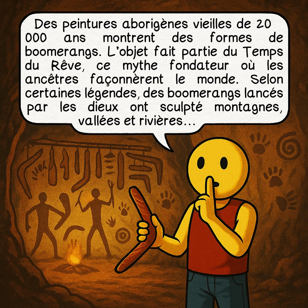 Le boomerang, case 5 : Des peintures aborigènes vieilles de 20 000 ans montrent des formes de boomerangs. L’objet fait partie du Temps du Rêve, ce mythe fondateur où les ancêtres façonnèrent le monde. Selon certaines légendes, des boomerangs lancés par les dieux ont sculpté montagnes, vallées et rivières…