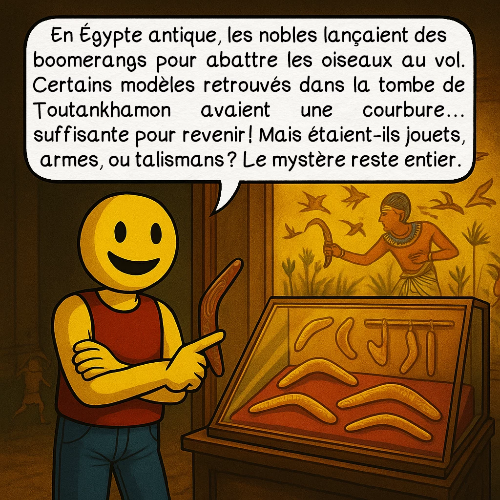 Le boomerang, case 6 : En Égypte antique, les nobles lançaient des boomerangs pour abattre les oiseaux au vol. Certains modèles retrouvés dans la tombe de Toutankhamon avaient une courbure… suffisante pour revenir ! Mais étaient-ils jouets, armes, ou talismans ? Le mystère reste entier.