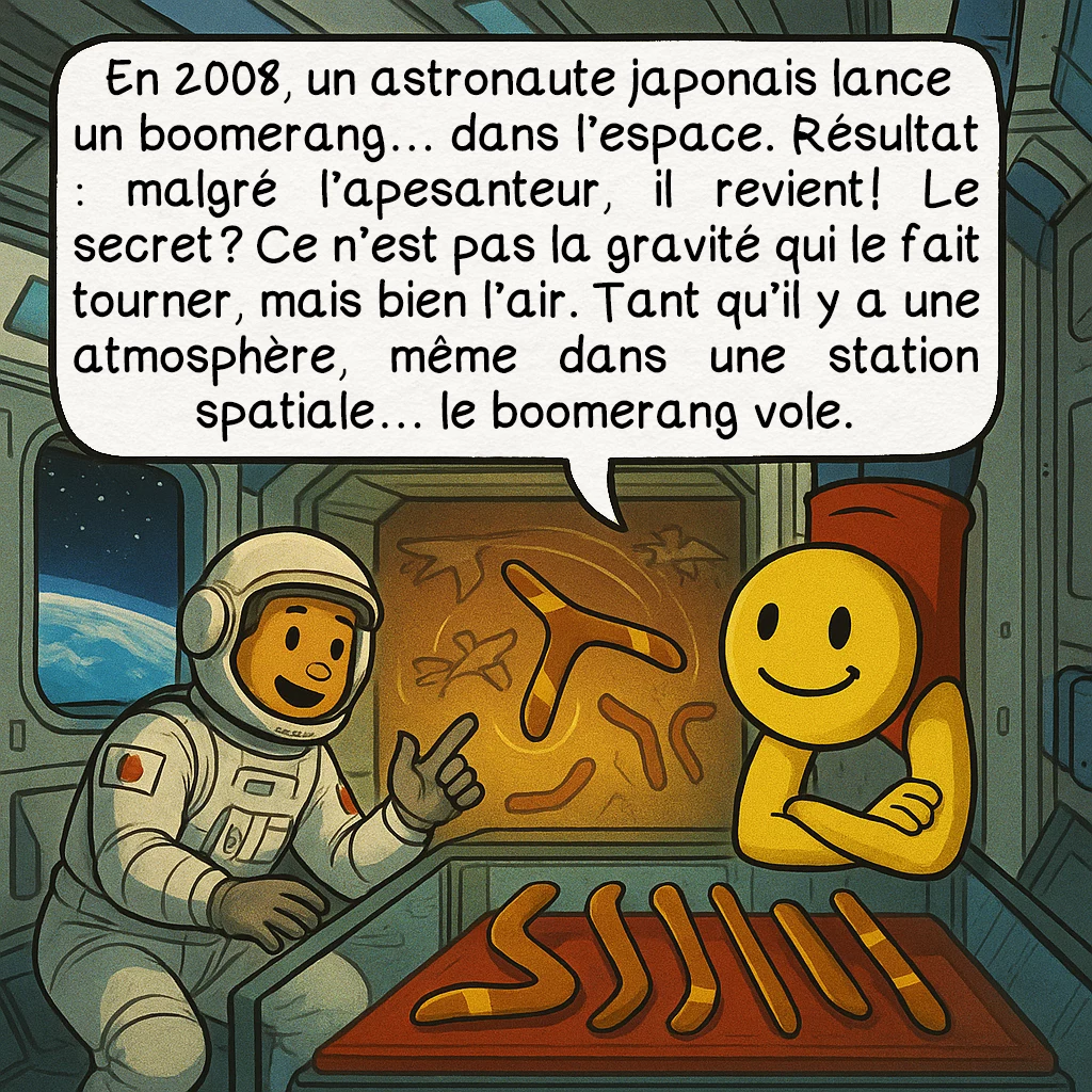Le boomerang, case 7 : En 2008, un astronaute japonais lance un boomerang… dans l’espace. Résultat : malgré l’apesanteur, il revient ! Le secret ? Ce n’est pas la gravité qui le fait tourner, mais bien l’air. Tant qu’il y a une atmosphère, même dans une station spatiale… le boomerang vole.