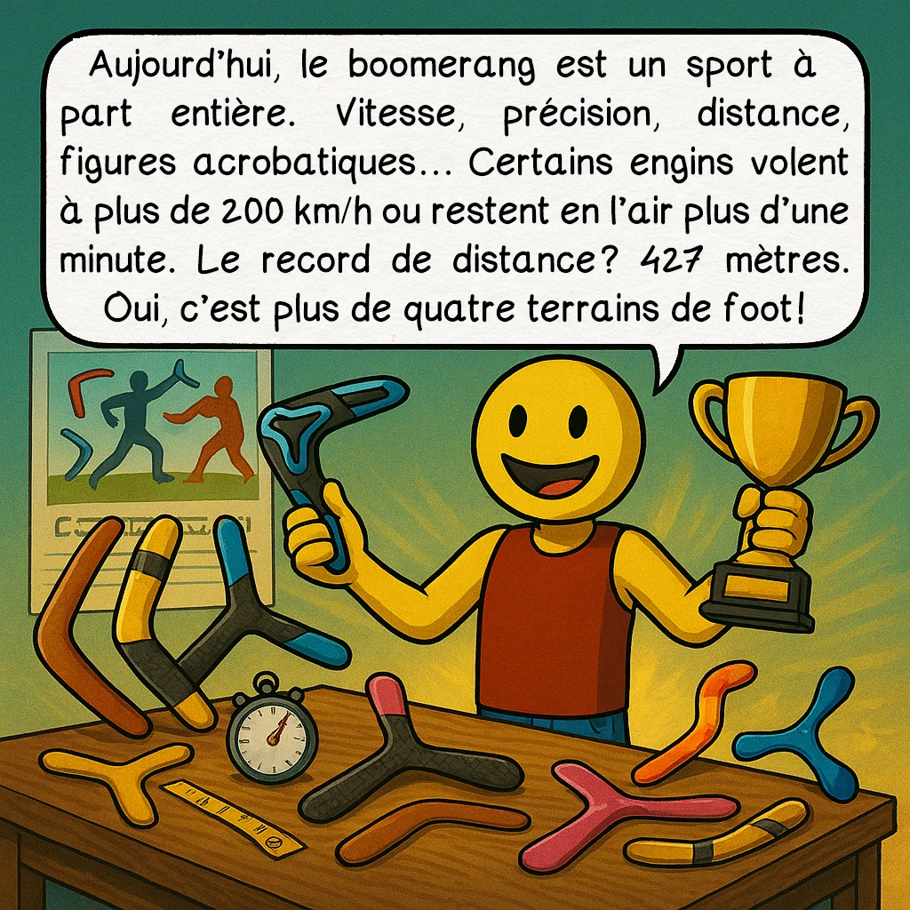 Le boomerang, case 8 : Aujourd’hui, le boomerang est un sport à part entière. Vitesse, précision, distance, figures acrobatiques… Certains engins volent à plus de 200 km/h ou restent en l’air plus d’une minute. Le record de distance ? 427 mètres. Oui, c’est plus de quatre terrains de foot !